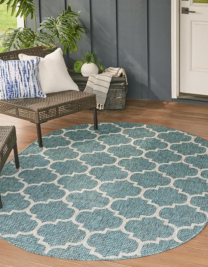 Unique Loom Outdoor Trellis Collection Area Rug (5' 1" x 8' Oval, Teal/ Gray)