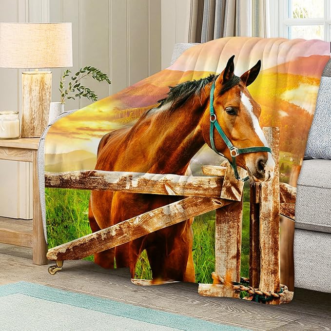 3D Horse Throw Blanket for Couch, Super Soft Fuzzy Throws Warm Comfortable Plush Fleece Blanket, Fashion Decorative Flannel Fleece Blanket for All Season(50 x 60 in, Horse & Pasture)