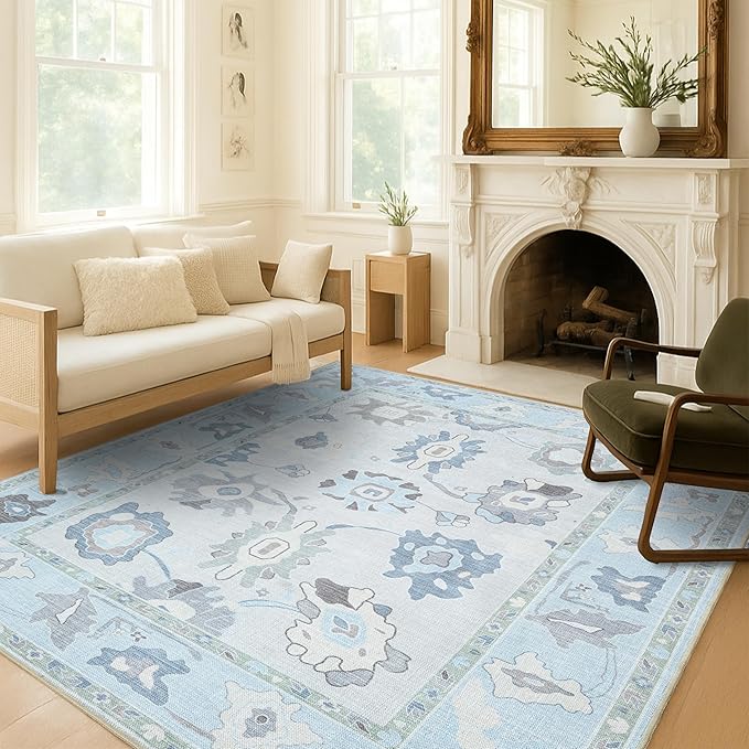 Cream Blue Oushak Rug, Modern Small Rugs, Vintage, Turkish, Eclectic, Floral, Pastel, Washable, Door Mat, Doormat for Indoor Entrance, Entryway, Kitchen, Bathroom, Bedroom, Laundry, 2'x3'