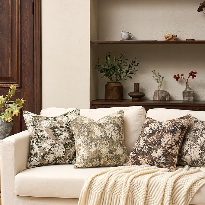 Yangest Neutral Floral Pillow Cover 24 x 24 Inches, Vintage Chenille Square Throw Pillow Cover Soft Decorative Farmhouse Accent Couch Pillow Cover for Living Room Bedroom, Green