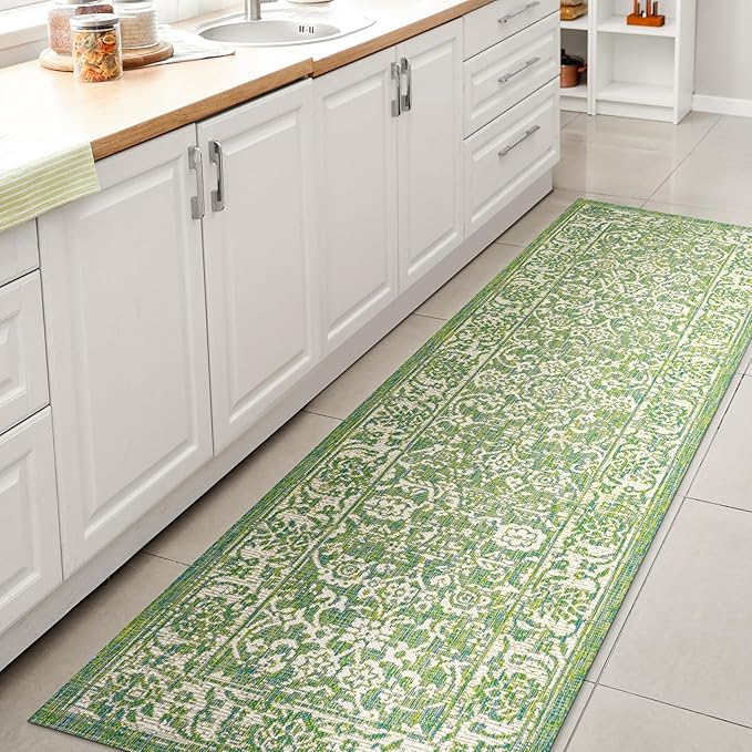 JONATHAN Y Weave Floral Indoor Outdoor Runner Rug 2X8 Cream/Green, Tela Bohemian Textured for Backyard, Patio, Porch, Easy-Cleaning, High Traffic, Pet-Friendly, Non-Shedding (SMB100F-28)