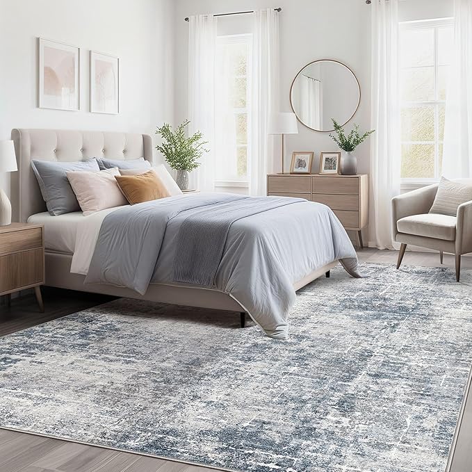 Abstract Living Room Rug 9x12 - Modern Washable Soft Thin Area Rug for Living Room Bedroom Under Dining Table - Neutral Indoor Floor Rug Carpets for Home Office Playroom Nursery - Blue Grey