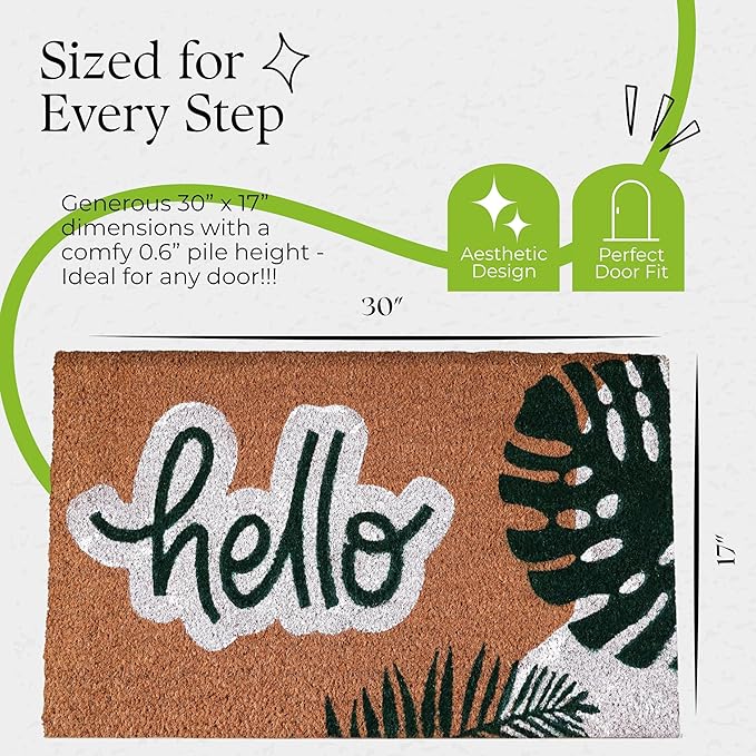 Coir Door Mats 17" X 30", Non-Slip Sturdy, PVC Backed Heavy Duty, Easy to Clean, Ideal for Door Entrance, Patio, Porch, Backyard, Garages, Hello - Green Leaves