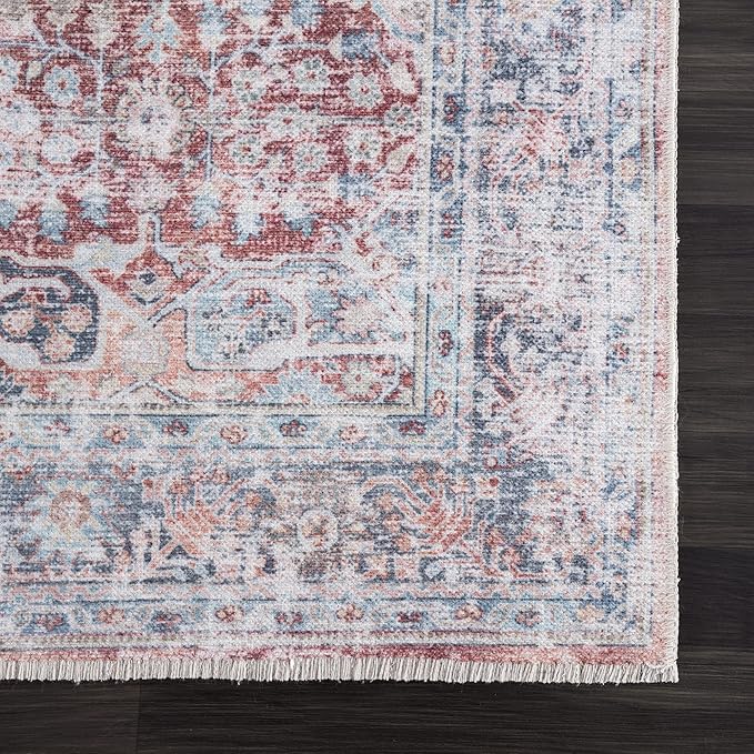 Bloom Rugs Caria Washable Non-Slip 4x6 Rug - Brick/Dark Blue Traditional Area Rug for Living Room, Bedroom, Dining Room, and Kitchen - Exact Size: 4' x 6'