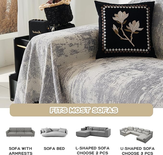 MEETSKY Boho Couch Cover for 2 Cushion Couch Sofa, Chenille Sofa Cover for Sectional Sofa, Modern Khaki Abstract Jacquard Sofa Covers Washable Sofa Slipcover for Pets Friendly, 91" X118", Light Grey