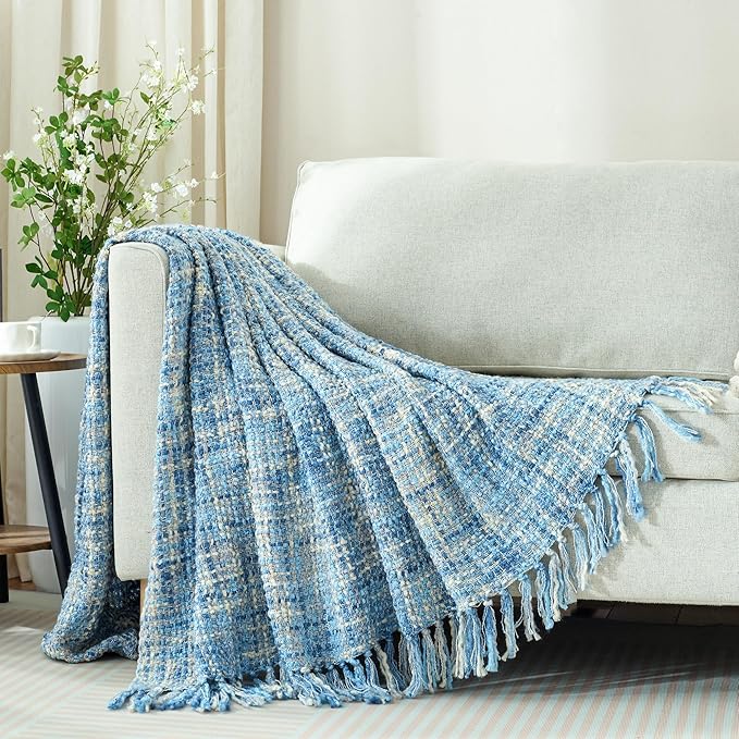 Multi-Color Light Blue Cable Knitted Throw Blanket for Couch,50"X60" Boho Style Textured Blankets for Home Decor,Super Soft Warm Cozy Chunky Knit Blanket with Decorative Tassels for Bed