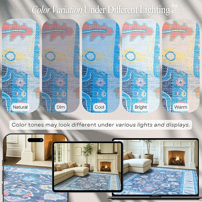 Fame Rugs Blue Modern Oushak Rug 5x7, Washable Vintage Turkish Colorful Oriental Antique Inspired Area Rugs, Luxury Living Room Bedroom (387BNB, 5' x 7')