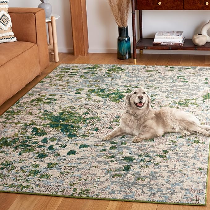 SAFAVIEH Monaco Collection Area Rug - 5'1" x 7'6", Green & Blue, Abstract Watercolor Design, Non-Shedding & Easy Care, Ideal for High Traffic Areas in Living Room, Bedroom, Dining (MNC225Y-5)