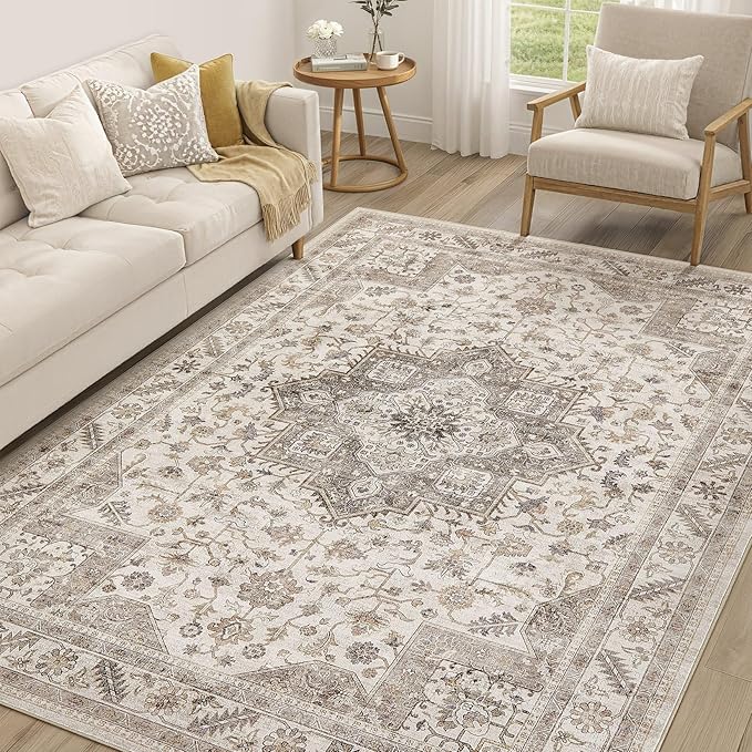 Vintage Living Room Area Rug 5x8 - Large Soft Washable Oriental Traditional Distressed Farmhouse Rugs for Bedroom - Indoor Floor Accent Carpet for Home Office House Decor - Light Brown