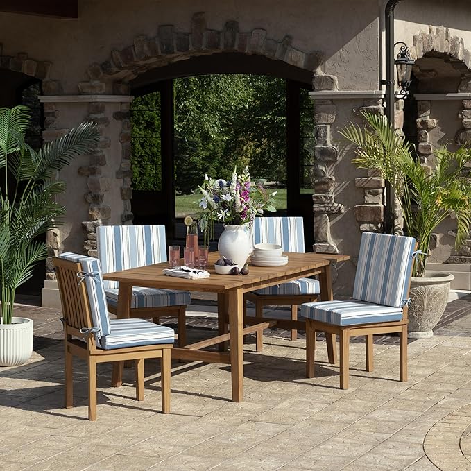 Arden Foam Outdoor Dining Chair Cushion, 20 x 20, Made with ProFoam, Rain-Proof, Fade Resistant, French Blue Linen Stripe
