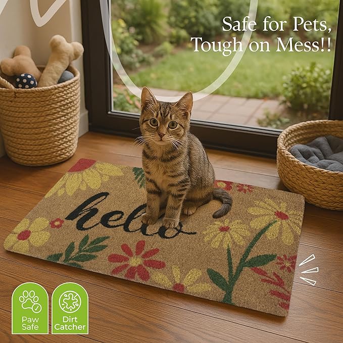 Coir Door Mats 17" X 30", Non-Slip Sturdy, PVC Backed Heavy Duty, Easy to Clean, Ideal for Door Entrance, Patio, Porch, Backyard, Garages, Vibrance of Flora - Hello