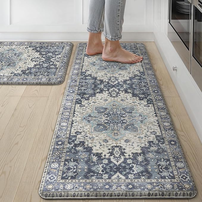 GENIMO Kitchen Mats for Floor 2PCs, Washable Anti Fatigue Mat for Cushioned, 17.3"x47"+17.3"x30", Waterproof Kitchen Rugs, Non Slip Comfort Standing Mat Rug for Home, Sink, Laundry, Center Blue