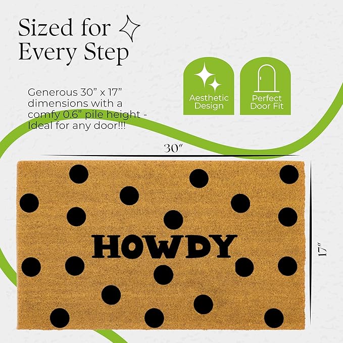 Coir Door Mats 17" X 30", Non-Slip Sturdy, PVC Backed Heavy Duty, Easy to Clean, Ideal for Door Entrance, Patio, Porch, Backyard, Garages, Howdy Black Circles