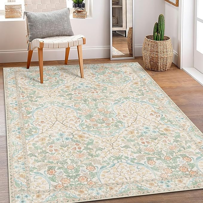 MUJOO 3x5 Rug Washable,Floral Area Rug for Bedroom Office Entryway Living Room Bedside,Small Throw Carpet Boho Non Slip Indoor Floor Neutral Vintage Ultra-Thin Light Green and Beige