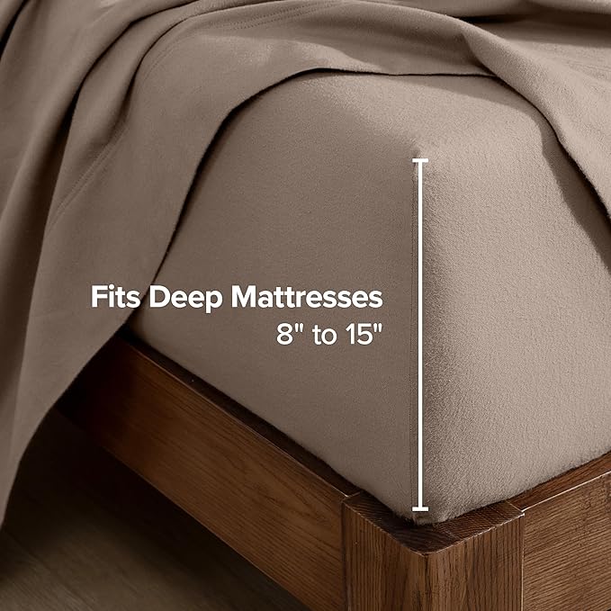Bare Home Flannel Fitted Bottom Sheet 100% Cotton, Velvety Soft Heavyweight - Double Brushed Flannel - Deep Pocket (Queen, Taupe)