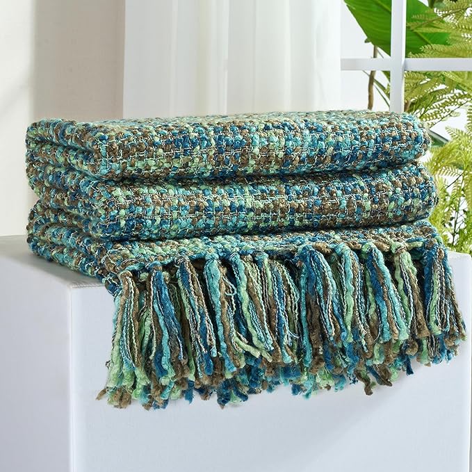 Multi-Color Green Cable Knitted Throw Blanket for Couch,50"X60" Boho Style Textured Blankets for Home Decor,Super Soft Warm Cozy Chunky Knit Blanket with Decorative Tassels for Bed and Sofa