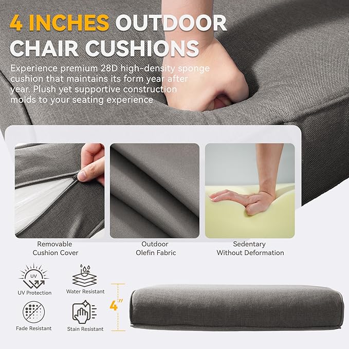 Patio Cushions for Outdoor Furniture - 22" x 25" x 4" UV Resistant Thick Foam Cushions Water Resistant Replacement Cushion for Outdoor Patio Furniture Chair/Sofa/Couch | Grey | 3-Pack |