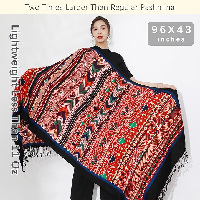 DANA XU 100% Merino Wool Pashmina Shawl for Women 96"x43", Oversized Cashmere Wrap with Tassels, Floral Travel Blanket Cape