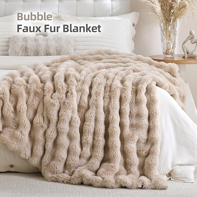 Smoofy Faux Fur Throw Blanket for Couch – Linen Fluffy Cozy Rabbit Fleece, Plush Soft Bubble Blanket for Sofa & Bed, for Mom, Warm Fuzzy Home Room Decor Throw 60" x 80"