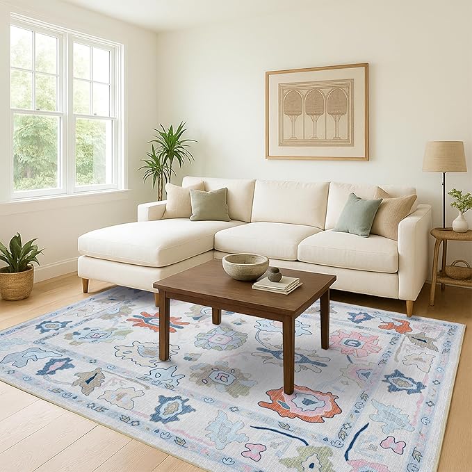 Fame Living Cream Oushak Rug, Modern Rugs, Vintage, Turkish, Eclectic, Floral, Pastel, Washable, Small Throw, Accent Area Rug for Living Room, Bedroom, Kitchen, Bathroom, 2'5"x4'9"