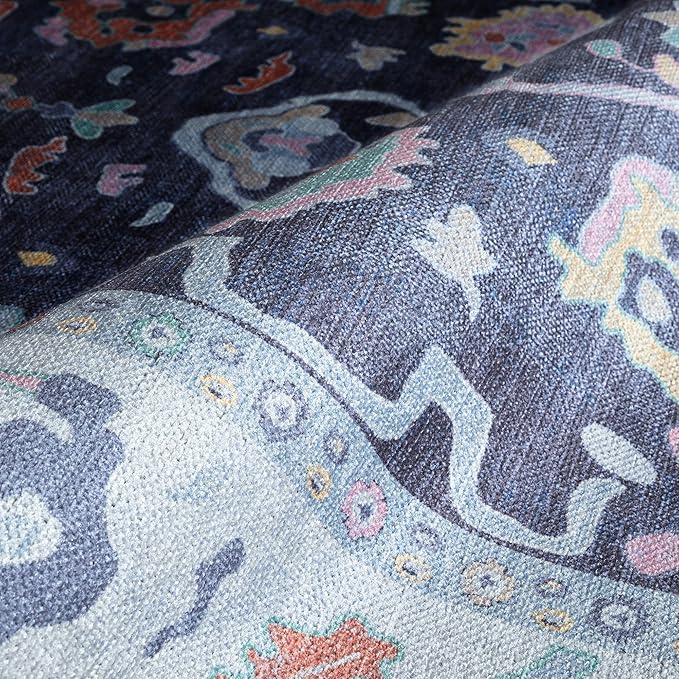 Fame Rugs Navy Blue Modern Oushak Rug 6x9, Vintage Turkish Colorful Oriental Antique Inspired Washable Large Area Rugs, Luxury Living Room Bedroom (388NB, 6' x 9')