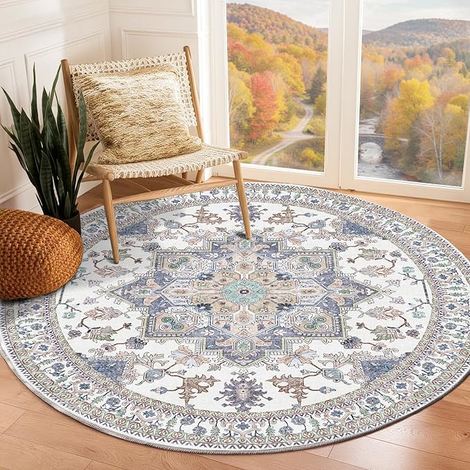 OPPODREAM Thin Round Rug 3ft, Washable Circle Rug 3ft with Non Slip Backing Play Room, Low-Pile Carpet 3 ft, Small Faux Cashmere Throw Carpet, Purple & Green & Cream
