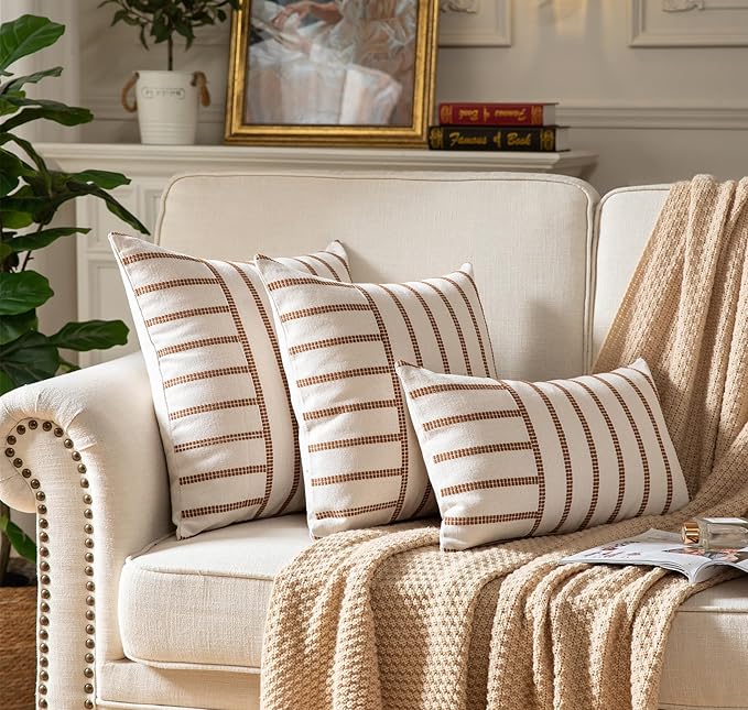 Caflife Boho Throw Pillow Covers 18x18 Set of 2 Soft Farmhouse Decorative Couch Pillow Cases Brown Striped Pillow Covers Neutral Cushion Covers for Sofa Bed Living Room Home Decor