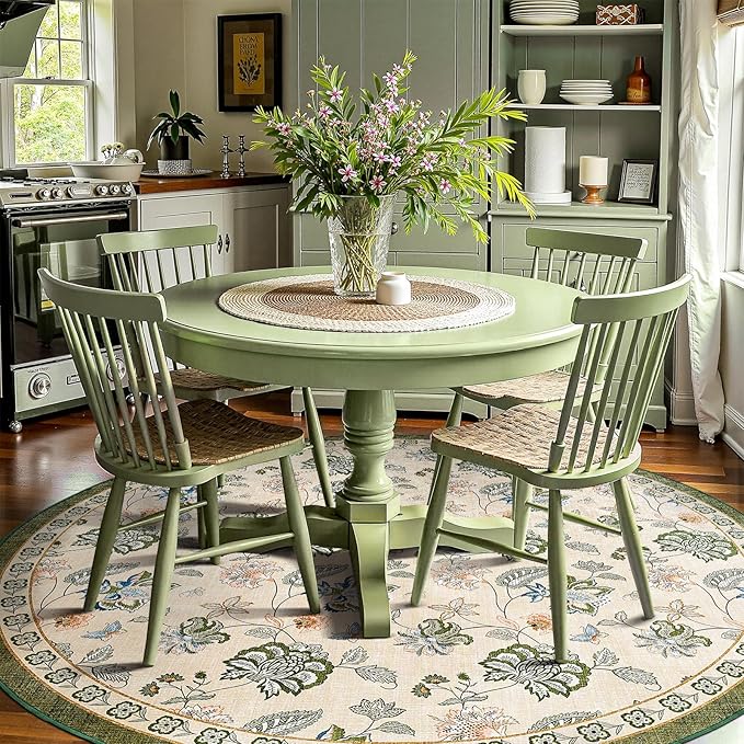 jinchan Elora 7ft Floral Round Rug for Washable Living Room Rug Vintage Romance Christmas Design Non Slip Indoor Floor Cover Lightweight Low-Profile Throw Carpet for Porch Patio, Green/Beige