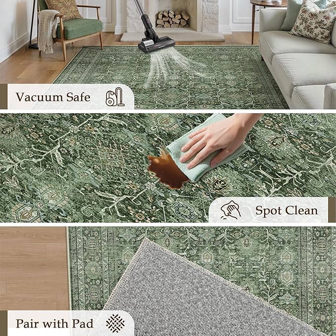 Green Runner Rug 2x6 Hallway Washable Carpet Soft Vintage Indoor Kitchen Non Slip Bedroom Traditional Retro Distressed Thicker Throw Long Rug Bathroom Laundry Entryway Office Dining Room
