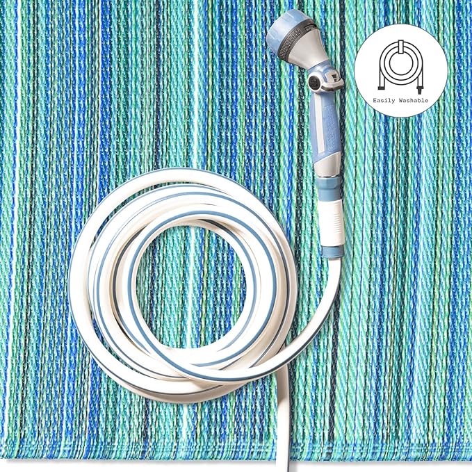 Fab Habitat Outdoor Rug - Waterproof, Fade Resistant, Crease-Free - Premium Recycled Plastic - Striped - Patio, Deck, Porch, Balcony, Laundry Room - Cancun - Turquoise & Moss Green - 4 x 6 ft