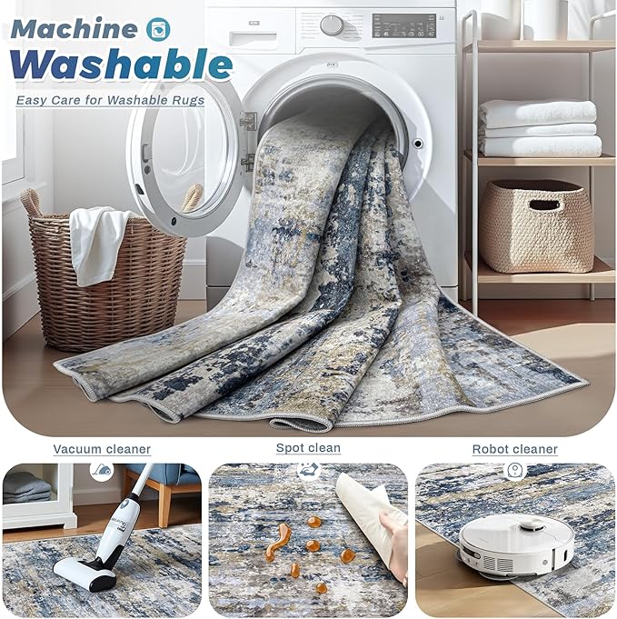 Area Rugs 5x7 for Living Room: Washable Rug Modern Abstract Neutral Soft Non-Slip Low-Pile Indoor Carpet for Bedroom Dining Room Playroom Home Office (Blue Grey Brown, 5'x7')