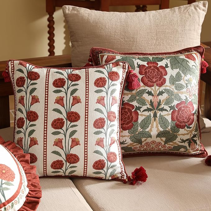 Vintage Square Throw Pillow Covers,Red Cozy Velvet with Leaves and Floral Pattern Pillowcases,Decoration Pillows Cushion Covers for Living Room Couch Sofa Bed Car Chair,18"x18"