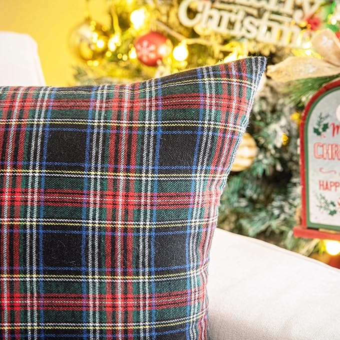AQOTHES Pack of 2 Christmas Plaid Decorative Throw Pillow Covers Scottish Tartan Cushion Case for Farmhouse Home Holiday Decor Red and Black, 12 x 20 Inches