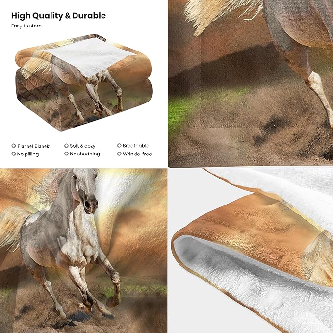 White Horse Throw Blanket for Couch, Super Soft Fuzzy Throws Warm Comfortable Plush Fleece Blanket, Fashion Decorative Flannel Fleece Blanket for All Season(50 x 60 in, White Horse& Sunset)