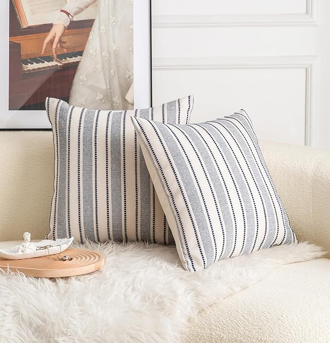 Decorative Boho Throw Pillow Covers, Farmhouse Textured Pillow Case, 18 x 18 Inch Set of 2, Chair Sofa Bedroom Living Room Decor Couch Cushion Case, Navy Blue and Beige Striped