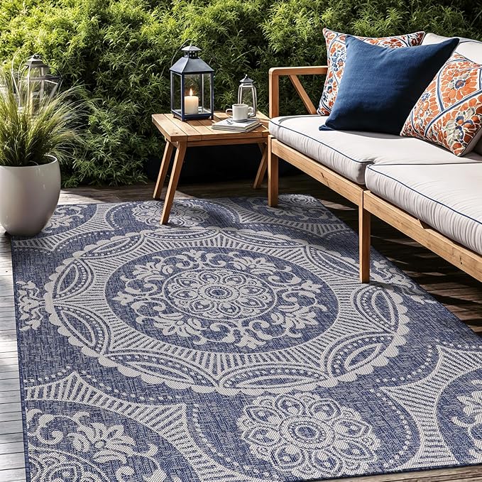 Medallion Outdoor Rug 8x10 Washable Outside Carpet for Indoor Patio Porch Waterproof Easy Cleaning Non Shedding Area Rugs Blue 8 x 10