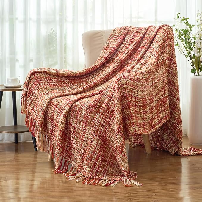 Multi-Color Dark Red Cable Knitted Throw Blanket for Couch,50"X60" Boho Style Textured Blankets for Home Decor,Super Soft Warm Cozy Chunky Knit Blanket with Decorative Tassels for Bed