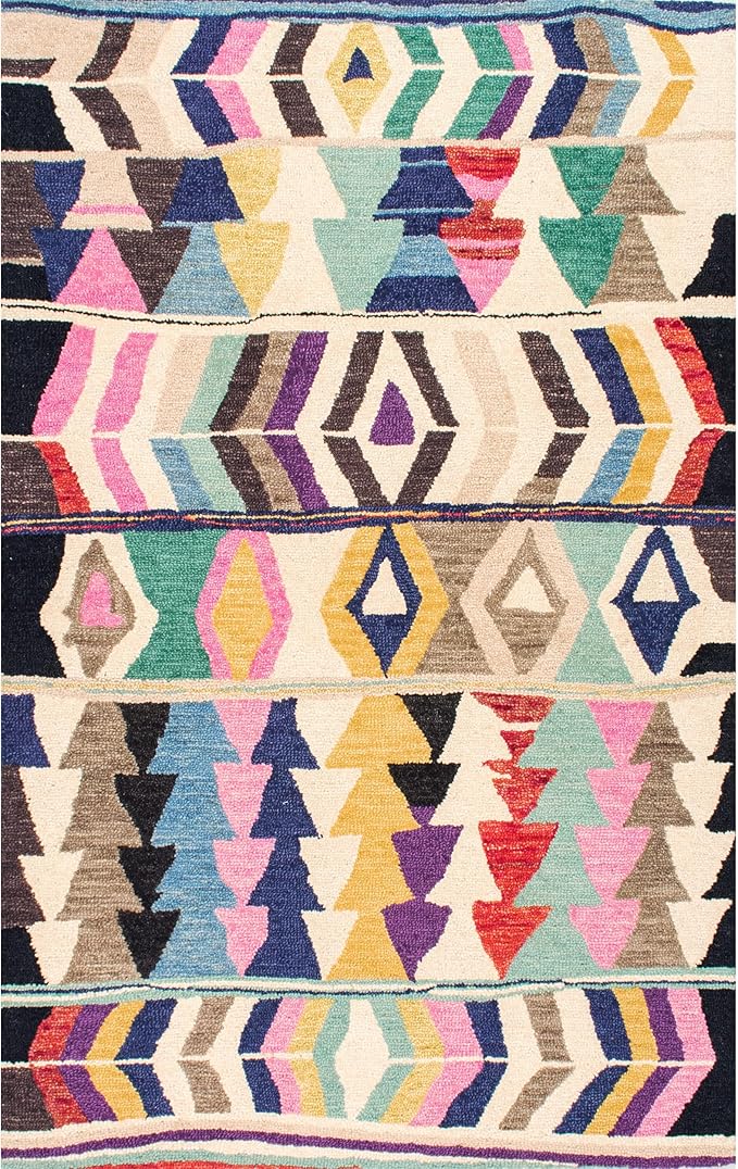 Nuloom Ofelia Handmade, Multicolor/Black, 4' x 6', Geometric, Wool, Soft and Cozy, High Traffic, Stain Resistant, Easy Clean, Durable Runner for Bedroom, Living Room, Dining, Den, Foyer