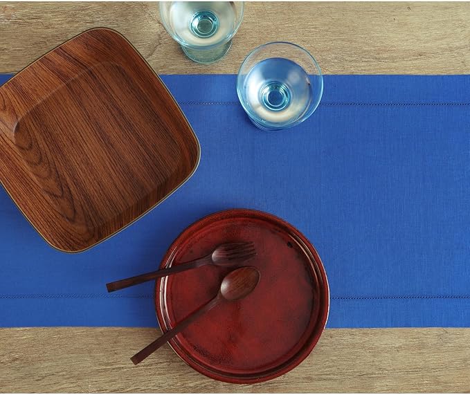 Solino Home Linen Royal Blue Table Runner 120 Inches Long - 100% Pure Linen 14 x 120 Inch Table Runner for Christmas, New Year - Classic Hemstitch