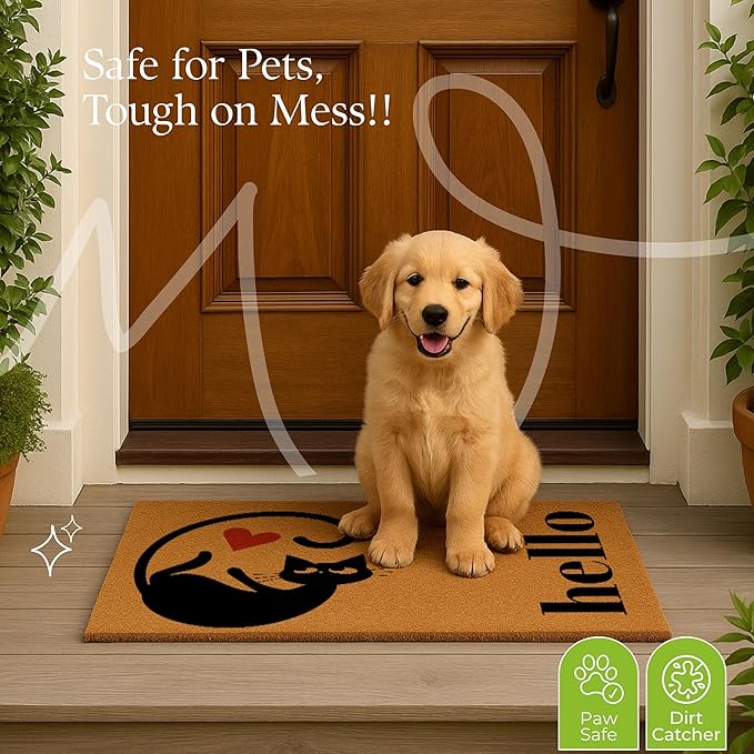 Coir Door Mats 17" X 30", Non-Slip Sturdy, PVC Backed Heavy Duty, Easy to Clean, Ideal for Door Entrance, Patio, Porch, Backyard, Garages, Love of Cats, A Hello
