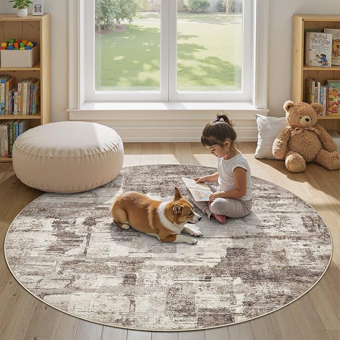Abstract Living Room Rug 9x9 - Modern Washable Soft Thin Area Rug for Living Room Bedroom Under Dining Table - Neutral Indoor Floor Rug Carpets for Home Office Playroom Nursery - Brown
