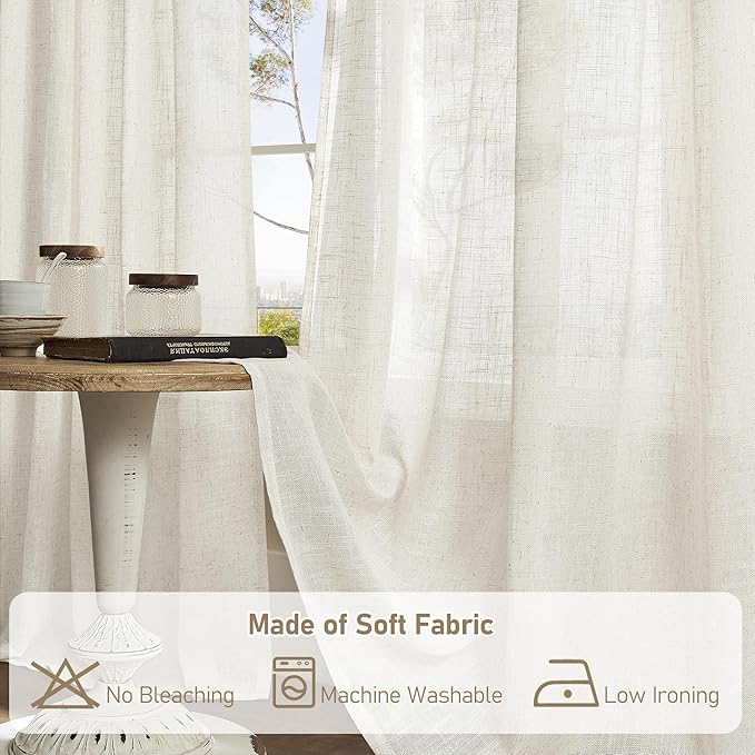 LAMIT Linen Sheer Curtains 72 Inch Length 2 Panels, Linen Textured Light Filtering Semi Sheer Back Tab and Rod Pocket Burlap Boho Neutral Drapes for Bedroom/Living Room, Ivory Cream, 52 x 72 Inch