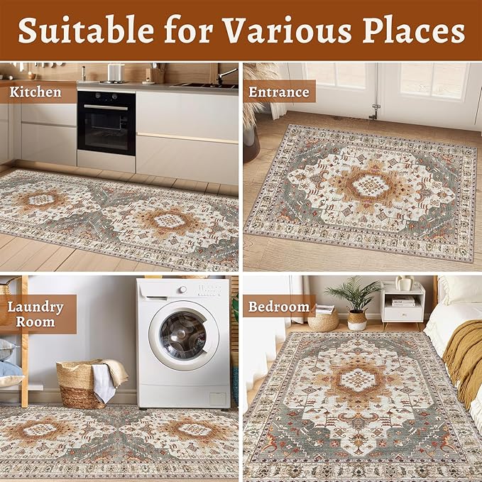 Tangsoo 4x6 Area Rugs for Living Room, Washable Vintage Rug Indoor, Distressed Turmeric Carpet for Bedroom, Non Slip Soft Low Pile Rugs Foldable Floor Rug for Dining Room Dorm Bedside Bathroom