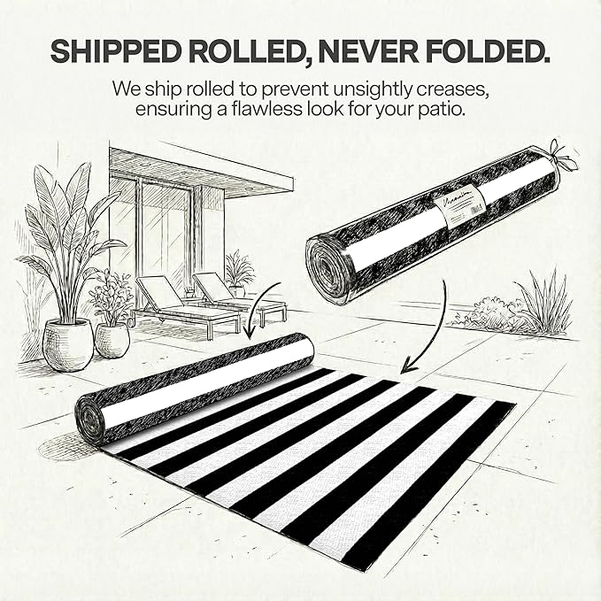 FH Home Outdoor Rug - Waterproof, Fade Resistant, Reversible - Premium Recycled Plastic - Striped - Large Patio, Deck, Sunroom, Camping, RV - Brittany Stripe - Black & White Crease Free - 5 x 8 ft