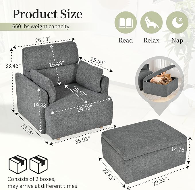 Modern Oversized Accent Chair with Storage Ottoman & 2 Side Pillows, Snowflake Fleece Upholstered Chaise Lounge Chair, Deep Seat Reading Chair for Living Room, 350lbs Capacity