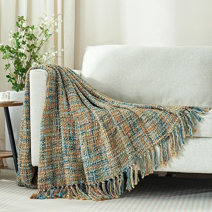Multi-Color Gold Green Cable Knitted Throw Blanket for Couch,50"X60" Boho Style Textured Blankets for Home Decor,Super Soft Warm Cozy Chunky Knit Blanket with Decorative Tassels for Bed