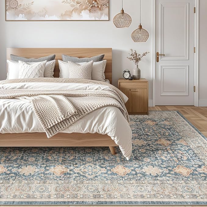 Vintage Living Room Area Rug 10x12 - Large Soft Washable Oriental Traditional Distressed Farmhouse Rugs for Bedroom - Indoor Floor Accent Carpet for Home Office House Decor - Dark Blue
