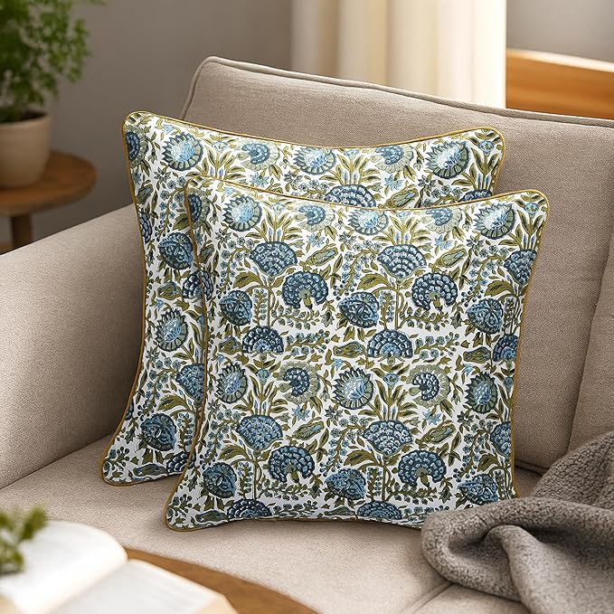 SheetKart Pure Cotton Throw Pillow Covers - Set of 2 - Hand Block Pure Cotton Printed Boho Decorative Pillow Covers - Cushion Covers for Living Room, Bohemian Theme, 18 x 18 Inches, Midnight Olive