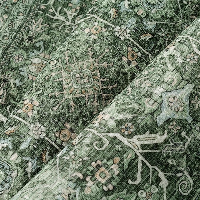 Area Rug 5x7 Green Washable Living Room Carpet Soft Non Slip Vintage Bedroom Indoor Office Traditional Retro Distressed Thicker Throw Large Rug for Dining Room Bathroom Kitchen