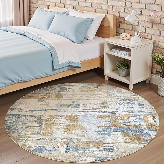 Abstract Living Room Rug 6x6 - Modern Washable Soft Thin Area Rug for Living Room Bedroom Under Dining Table - Neutral Indoor Floor Rug Carpets for Home Office Playroom Nursery - Blue Gold